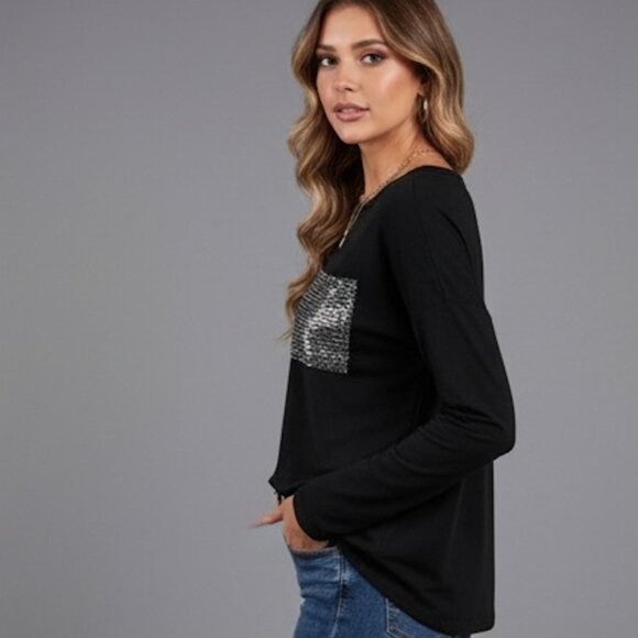 Black Drop Sleeve T-shirt Featuring Contrasting Sequin Pocket Detail - Picture 4 of 8